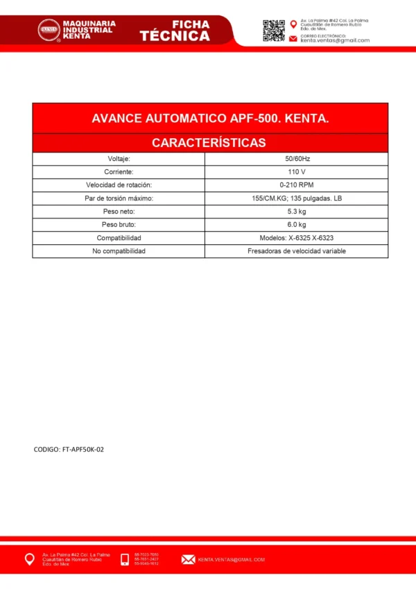 AVANCE AUTOMATICO PARA FRESADORAS X6323 Y X6325 APF-500. KENTA.-FT-01