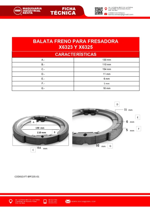 BALATAS FRENO PARA FRESADORAS X6323 Y X6325. KENTA.-ft