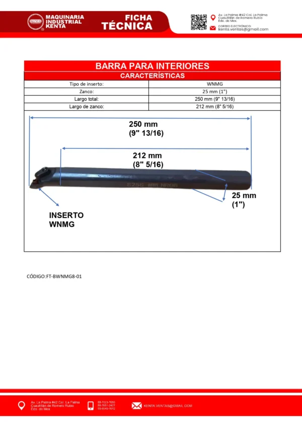 BARRA DE INTERIRORES ZANCO 25 mm PARA INSERTO WNMG08-FT