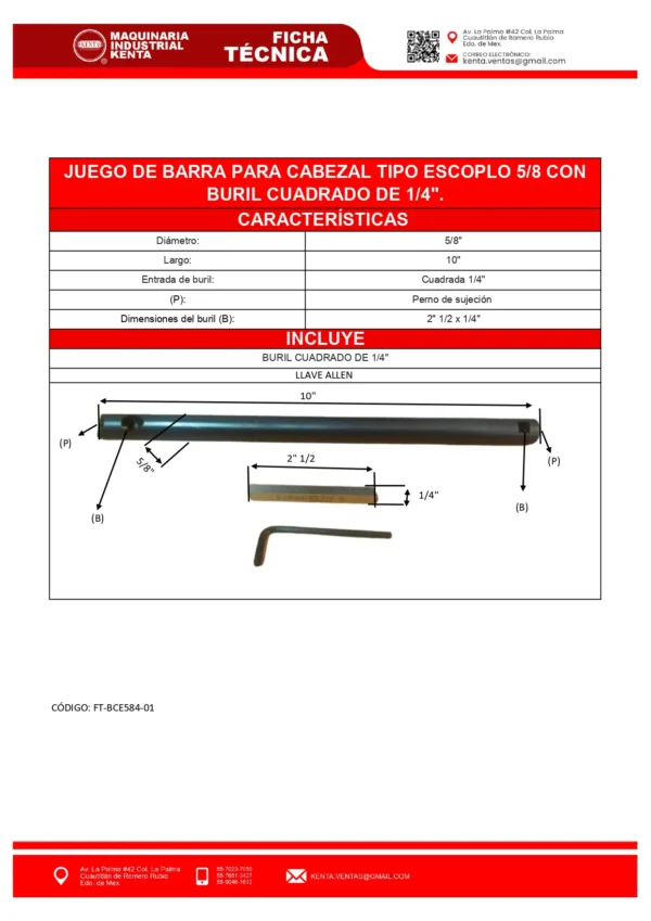 BARRA PARA CABEZAL TIPO ESCOPLO 58 PARA BURIL CUADRADO DE 14-FT