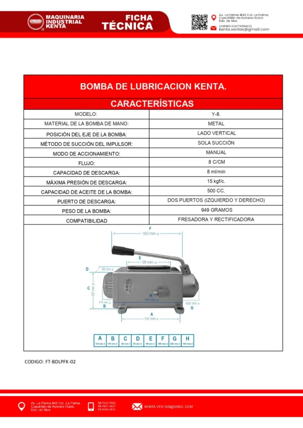 BOMBA DE LUBRICACION PARA FRESADORA Y RECTIFICADORA. KENTA.-FT