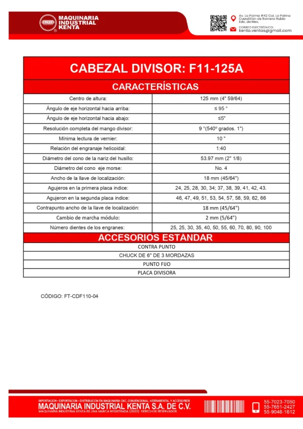 CABEZAL DIVISOR F11-125. KENTA-FT