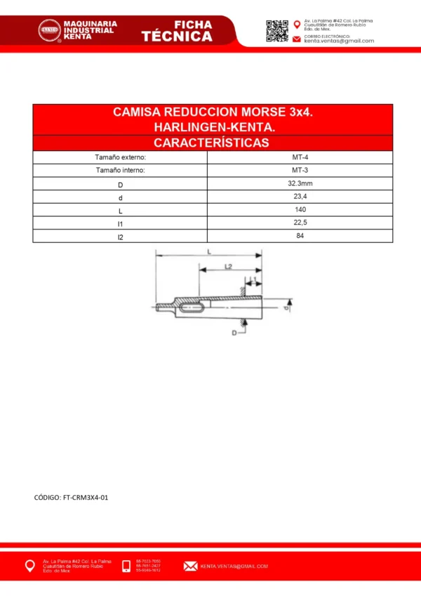 CAMISA REDUCCION MORSE 3x4. HARLINGEN-KENTA-FT