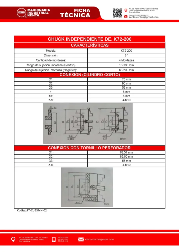 CHUCK INDEPENDIENTE DE 8 K72-200 4 MORDAZAS HARLINGEN-KENTA-FT01