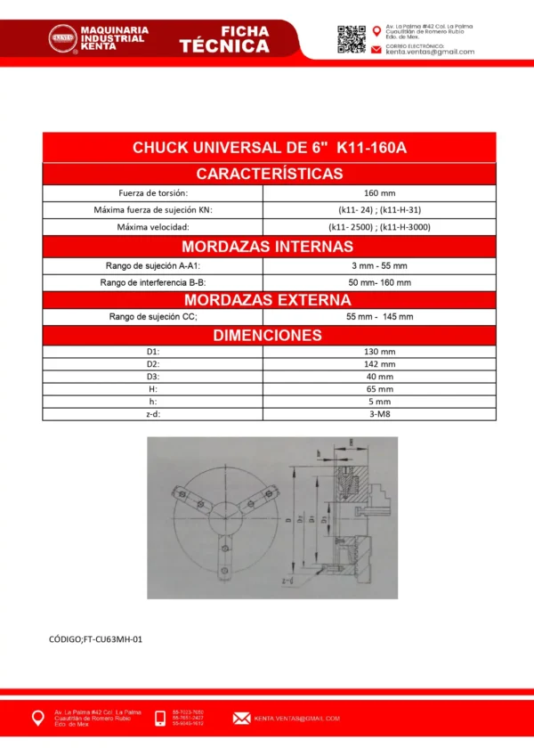 CHUCK UNIVERSAL DE 6 K11-160A 3 MORDAZAS HARLINGEN-KENTA-FT