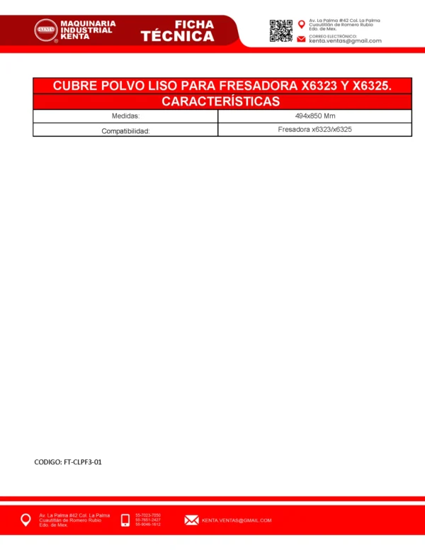 CUBRE POLVO LISO FRESADORA X6323 Y X6325 KENTA-FT