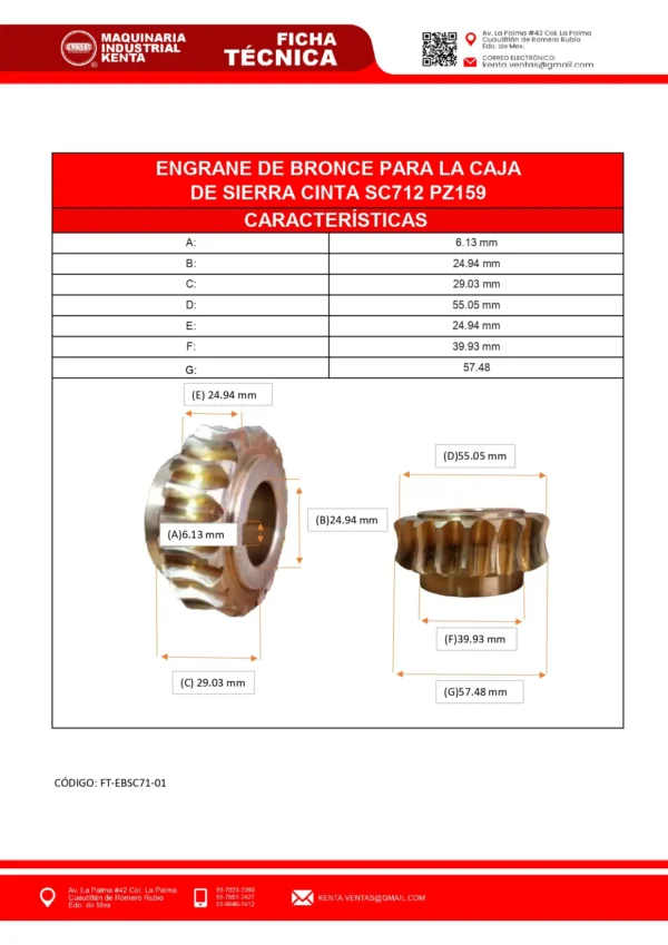 ENGRANE DE BRONCE PARA LA CAJA DE LA SIERRA CINTA SC712 PZ159-FT