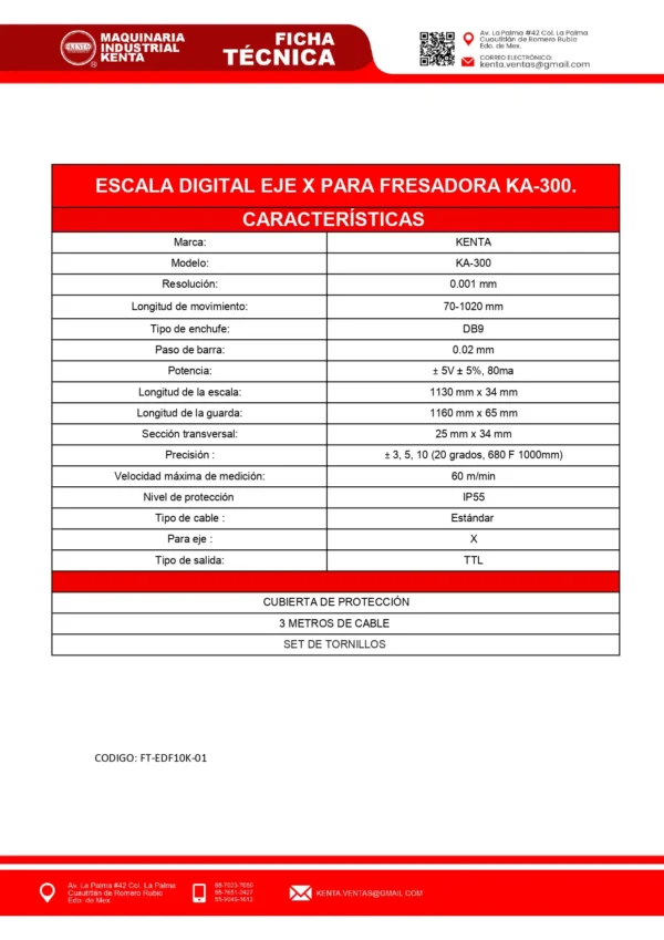 ESCALA DIGITAL EJE X PARA FRESADORA 1020mm KA-300 KENTA-FT