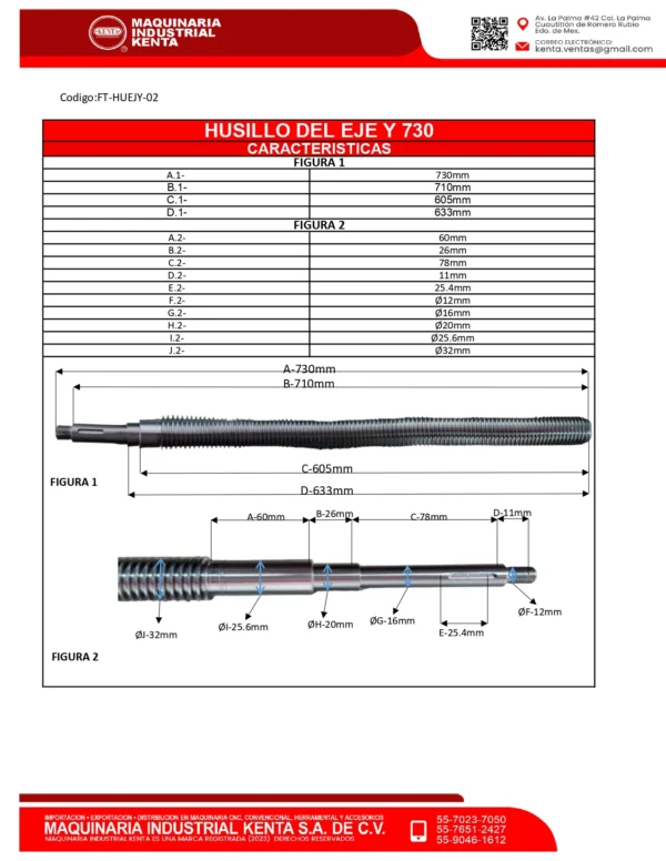 (HUSILLO) TORNILLO DE MESA DE TRABAJO, EJE Y, 730 mm DE LARGO (SOLO SOBRE PEDIDO)-FT