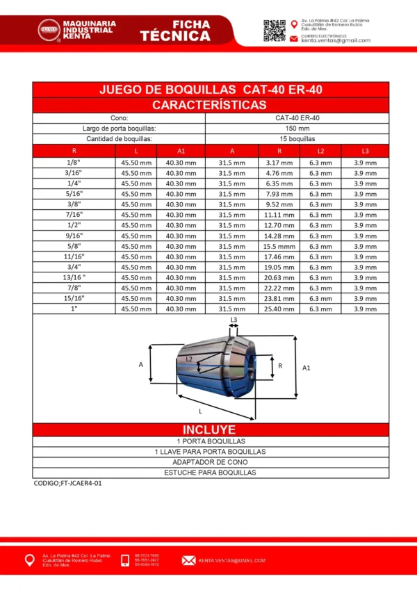 JUEGO DE BOQUILLAS CAT40 CON PORTABOQUILLAS ER40-FT