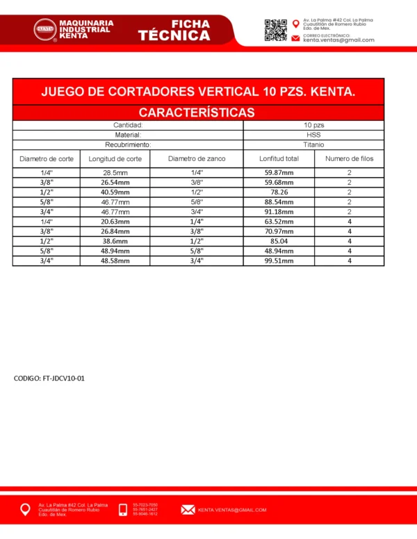 JUEGO DE CORTADORES VERTICAL 10 PZS KENTA-FT