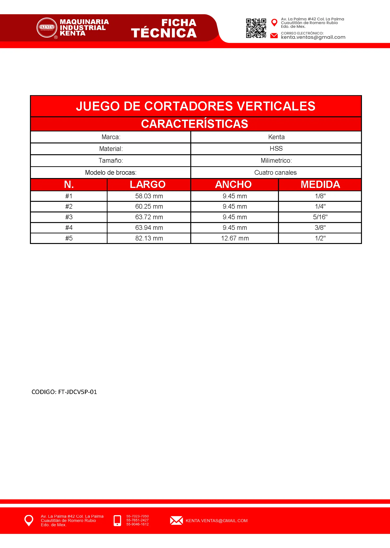 JUEGO DE CORTADORES VERTICAL 5 PZS (18, 38, 14, 516, 1,2) KENTA-FT