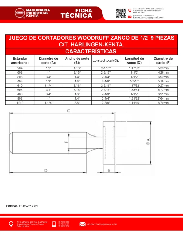 JUEGO DE CORTADORES WOODRUFF ZANCO DE 12 9PZS CT HARLINGEN-KENTA-ft