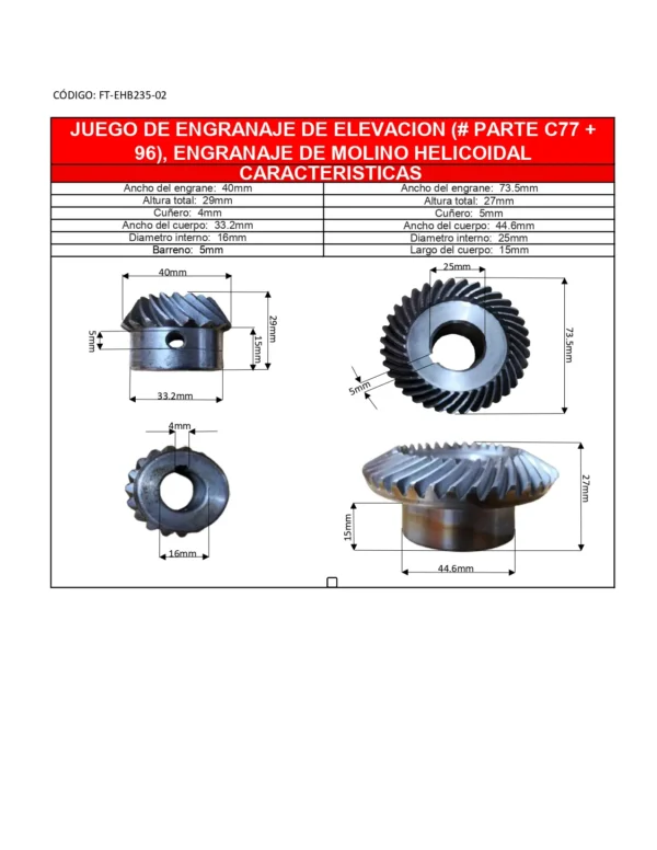 JUEGO DE ENGRANAJE DE ELEVACIÓN (# PARTE C77 + 96), ENGRANAJE DE MOLINO HELICOIDA-FT (2)