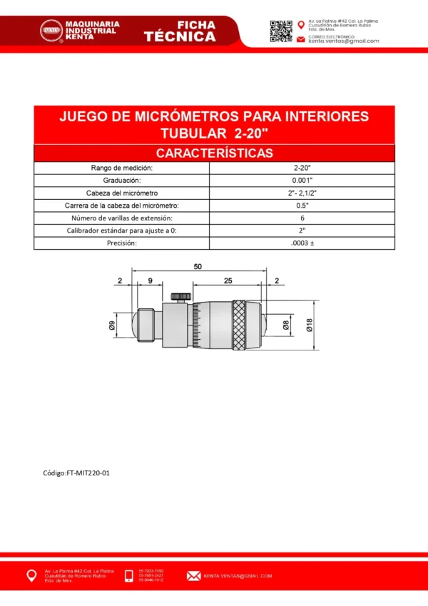 JUEGO DE MICROMETROS INTERIORES TUBULAR 2-20 (8 PIEZAS)-FT