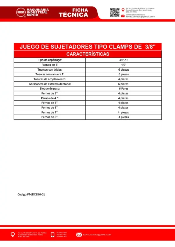 JUEGO DE SUJETADORES TIPO CLAMPS DE 38 HARLINGEN-KENTA-FT01