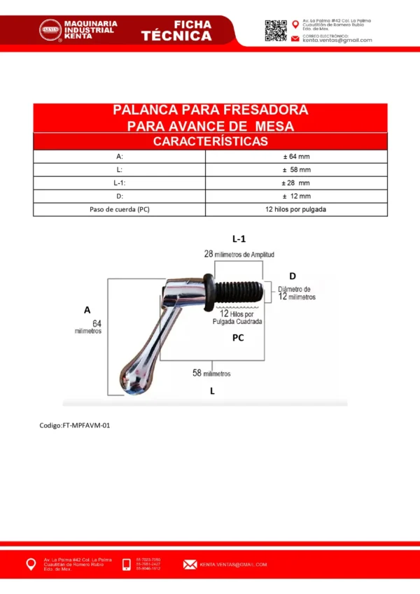 MANERAL PARA FRESADORA PARA AVANCE DE MESA (PALANCA CROMADA, PAR) KENTA-FT