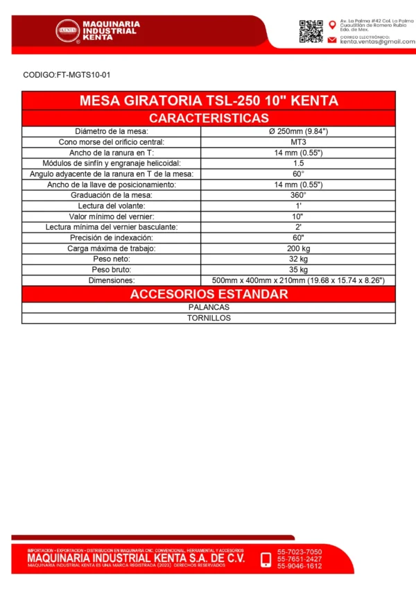 MESA GIRATORIA TSL-250 10 KENTA-FT