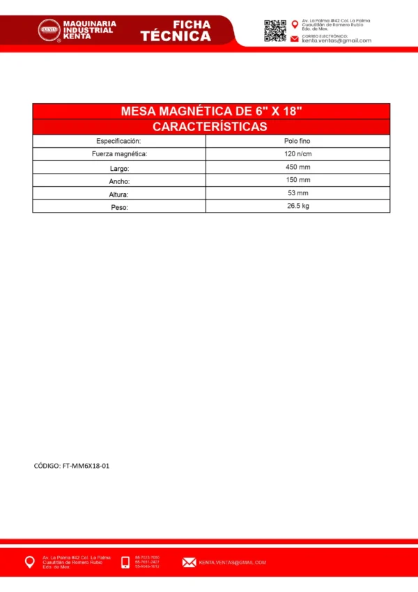 MESA MAGNETICA 6x18KENTA-FT