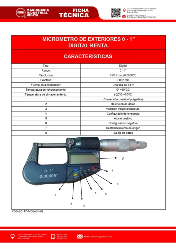 MICROMETRO DIGITAL DE 0-1 KENTA-FT