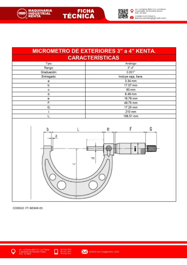 MICROMETRO PARA EXTERIORES 3-4 KENTA-FT