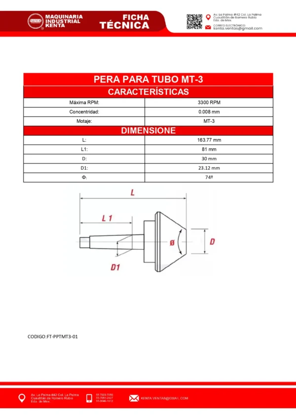 PERA PARA TUBO CONO MT-3 KENTA-FT