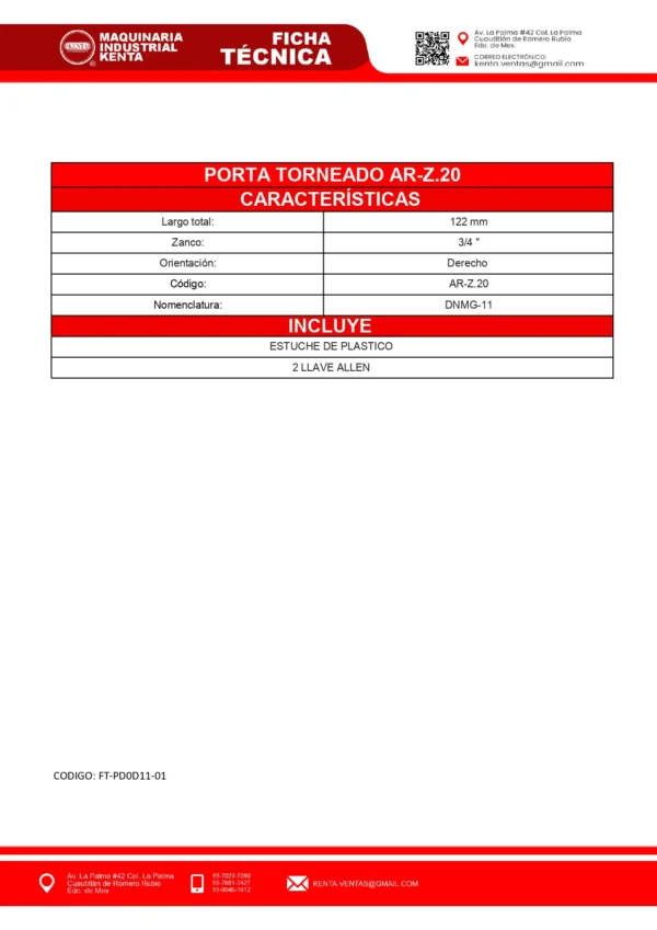 PORTA TORNEADO AR (DERECHO) Z.20 DNMG-11 (NO INCLUYE INSERTO)-FT