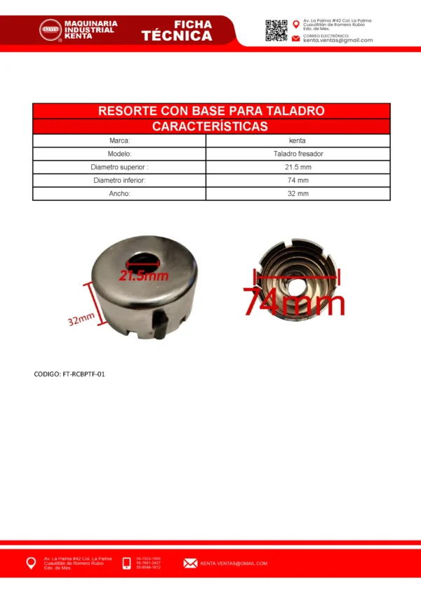 RESORTE CON BASE PARA TALADRO FRESADOR. KENTA-FT