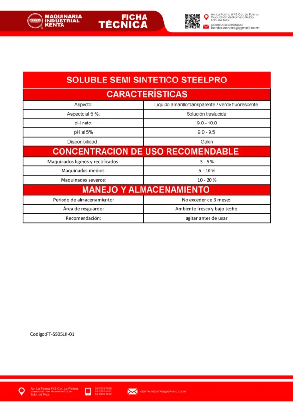 SOLUBLE SEMI SINTETICO STEELPRO GALON. KENTA.-FT