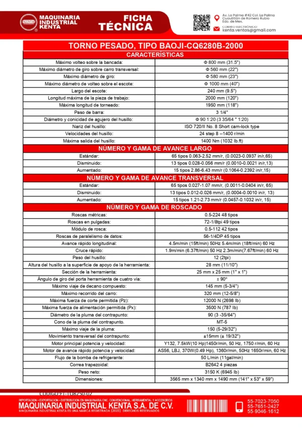 TORNO PESADO, TIPO BAOJI MODELO CQ6280B2000 31.5x80 PASO DE BARRA 3-14. KENTA-FT01