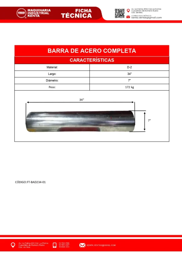 BARRA DE ACERO D-2 7x34 172 KG (PRECIO POR LA BARRA COMPLETA)-FT