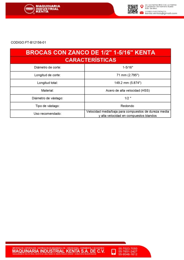 BROCAS CON ZANCO DE 12 1-516, HSS. KENTA-FT