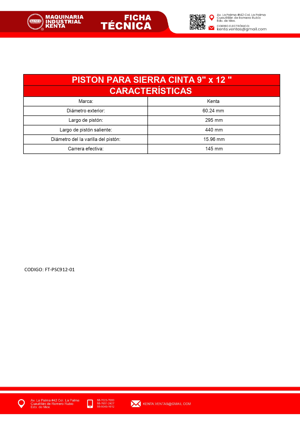 Piston para sierra cinta 9"X12", KENTA - Imagen 3