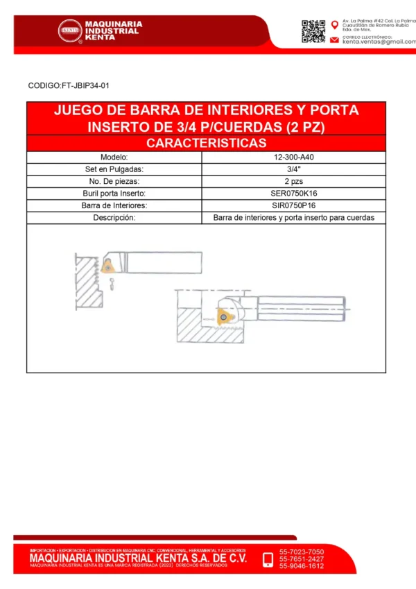 JUEGO DE BARRA DE INTERIORES Y PORTA INSERTO DE 34 PCUERDAS (2 PZ)-FT