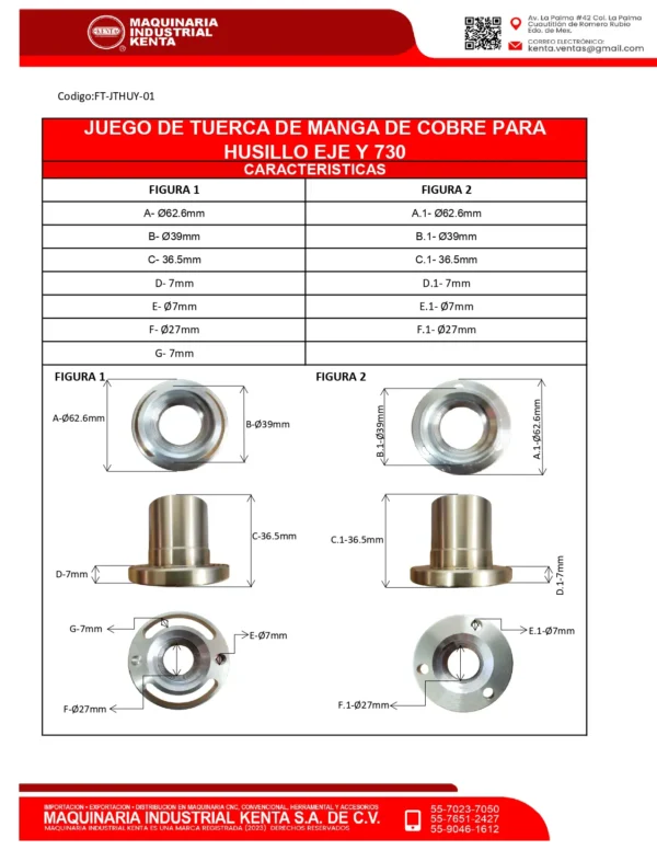 JUEGO DE TUERCA DE MANGA DE COBRE PARA HUILLO EJE Y, 2 PIEZAS-FT