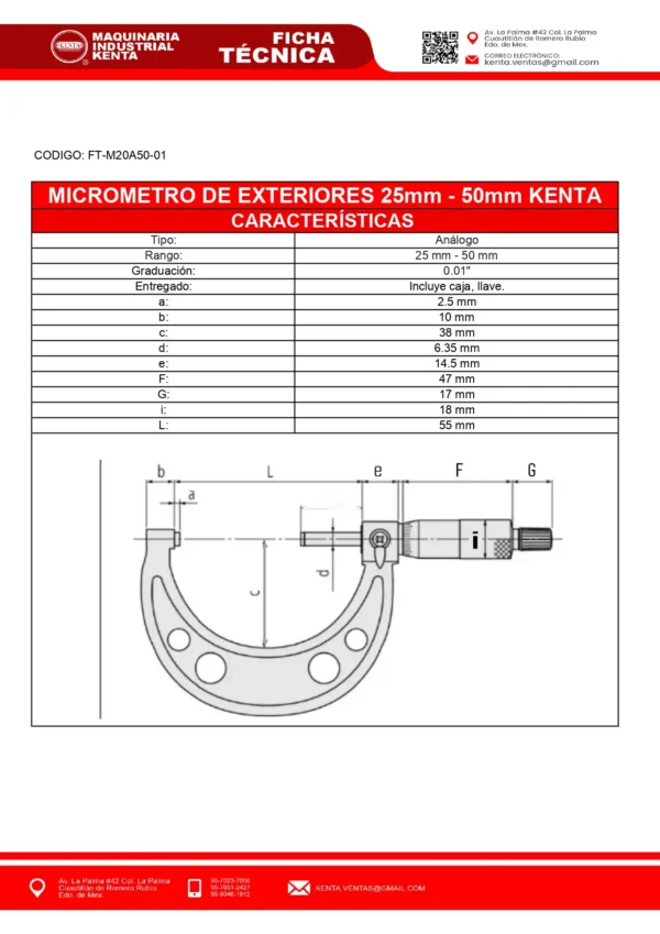 MICROMETRO PARA EXTERIORES DE 25 mm A 50 mm KENTA-FT