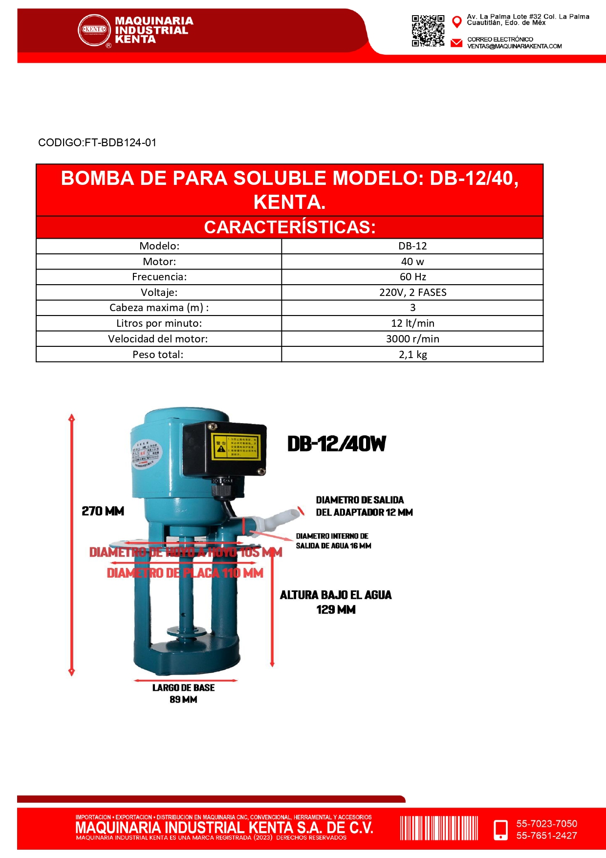 Bomba para soluble, modelo: DB-12, KENTA - Imagen 8
