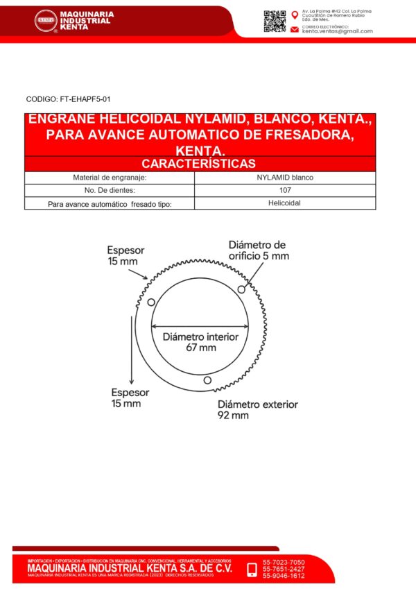 ENGRANE HELICOIDAL NYLAMID, BLANCO PARA AVANCE AUTOMATICO DE FRESADORA, KENTA. - Imagen 6